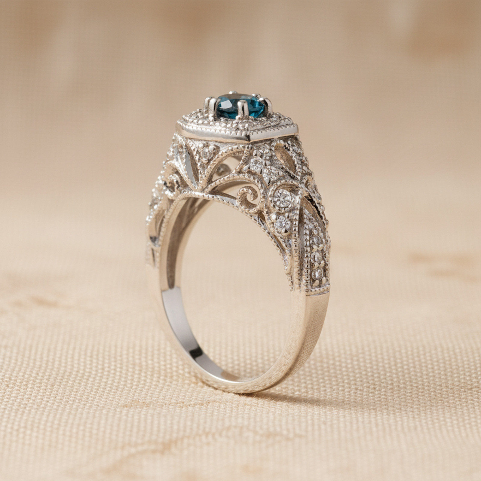 Filigree Art Deco Vintage Inspire Classic Wedding Ring 925 Silver Aquamarine CZ