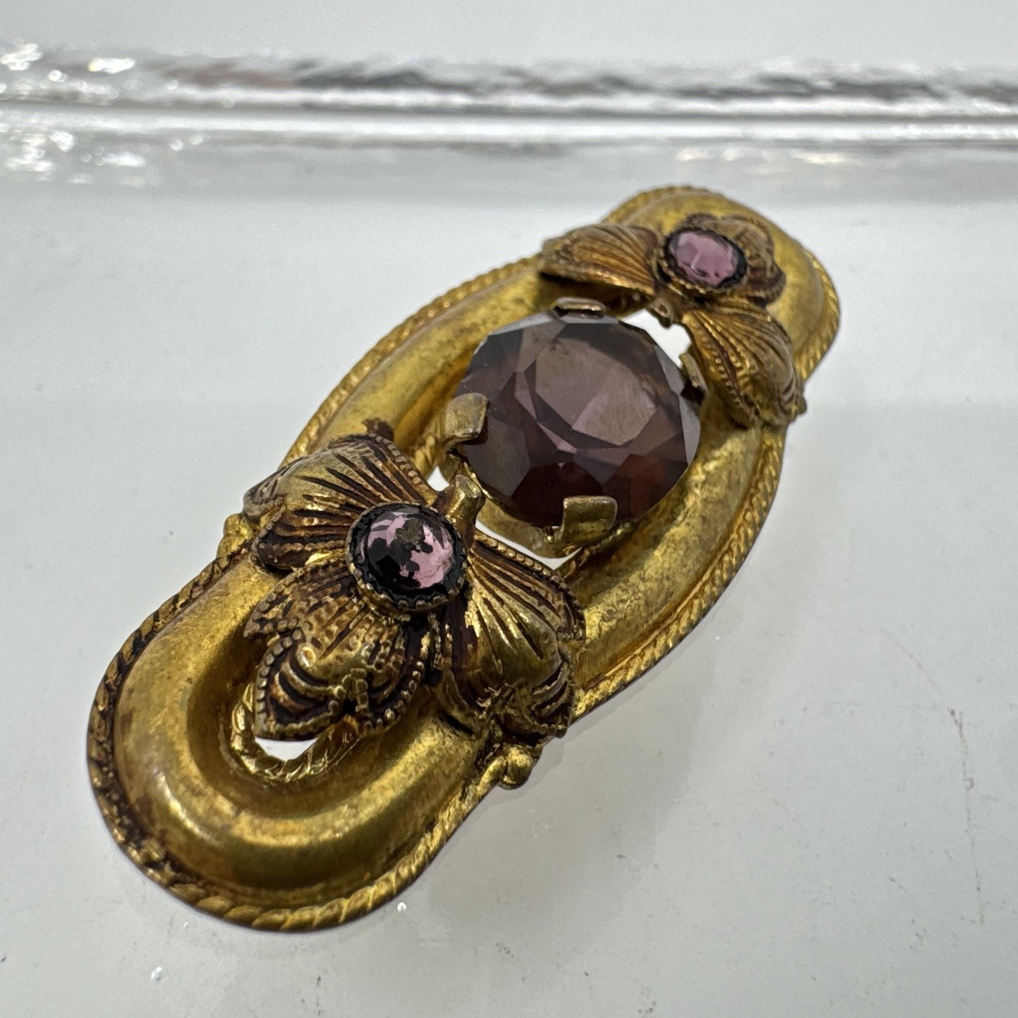 Antique Gold Plated Brass Victorian Brooch Amethyst Glass Stones Leaf Appliqués