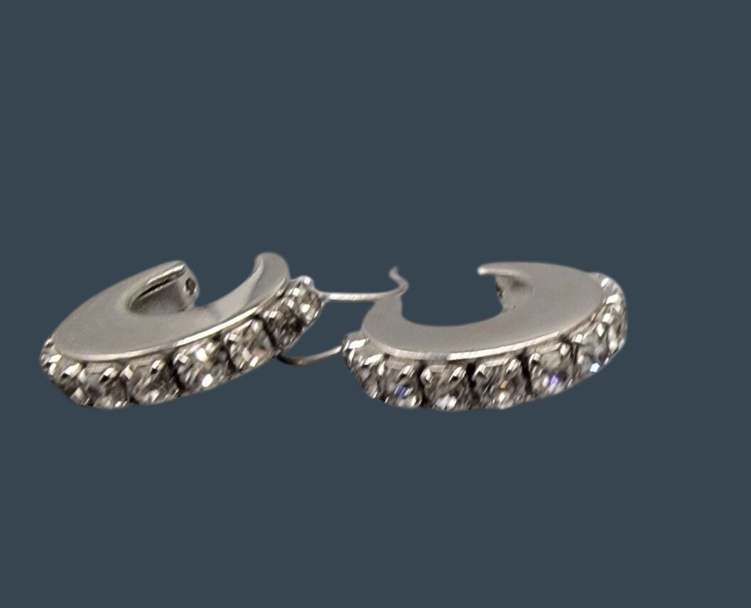 Silver Tone Rhinestone Hoop Earrings Hinged Closure Vintage Pat Pend Unsigned