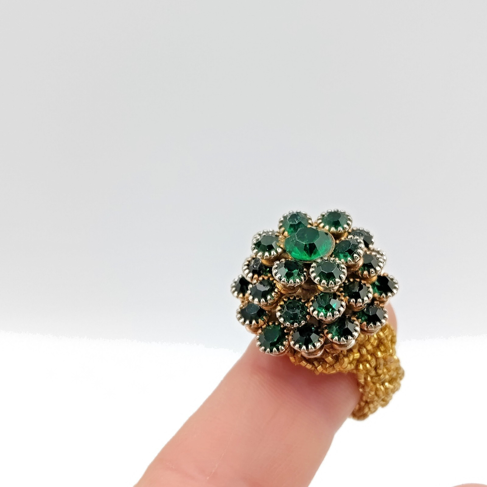 Vintage Dome Ring Green Rhinestone with Woven Stretch Golden Band