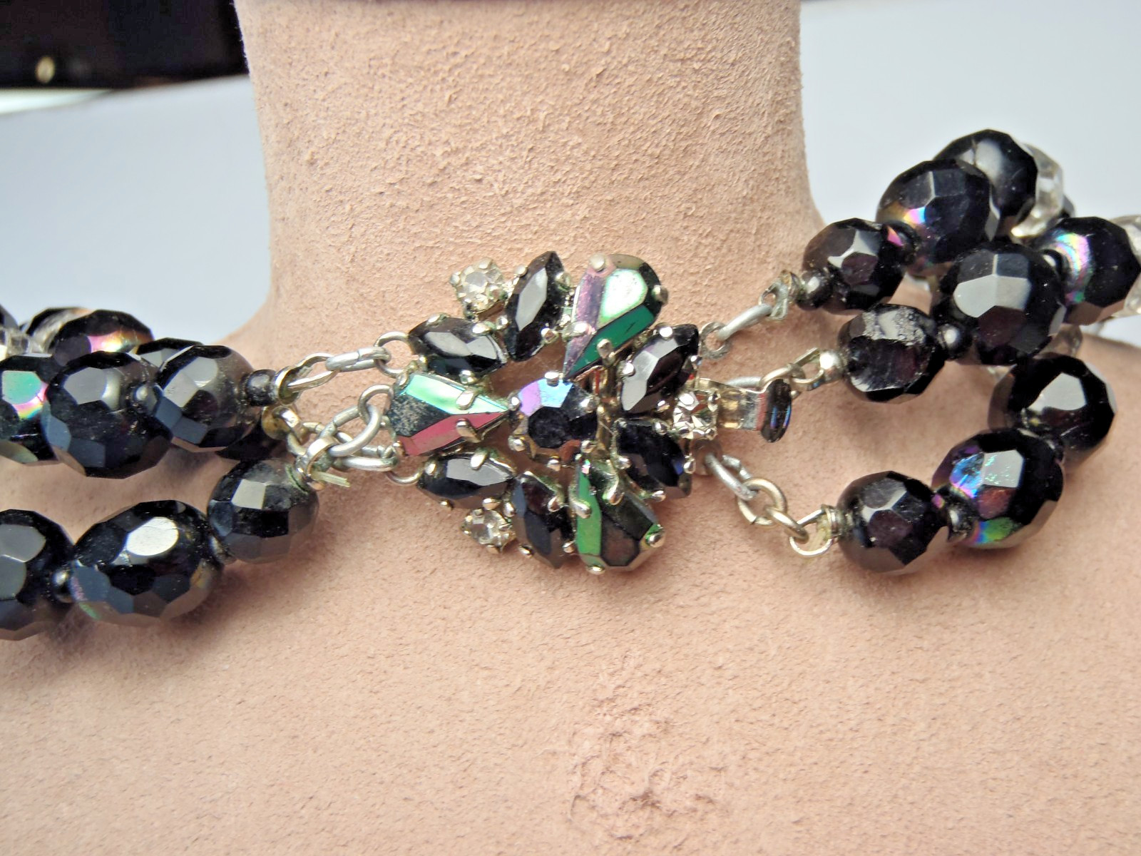 Estate Iridescent Black and Clear Faceted Glass Triple-Strand Necklace