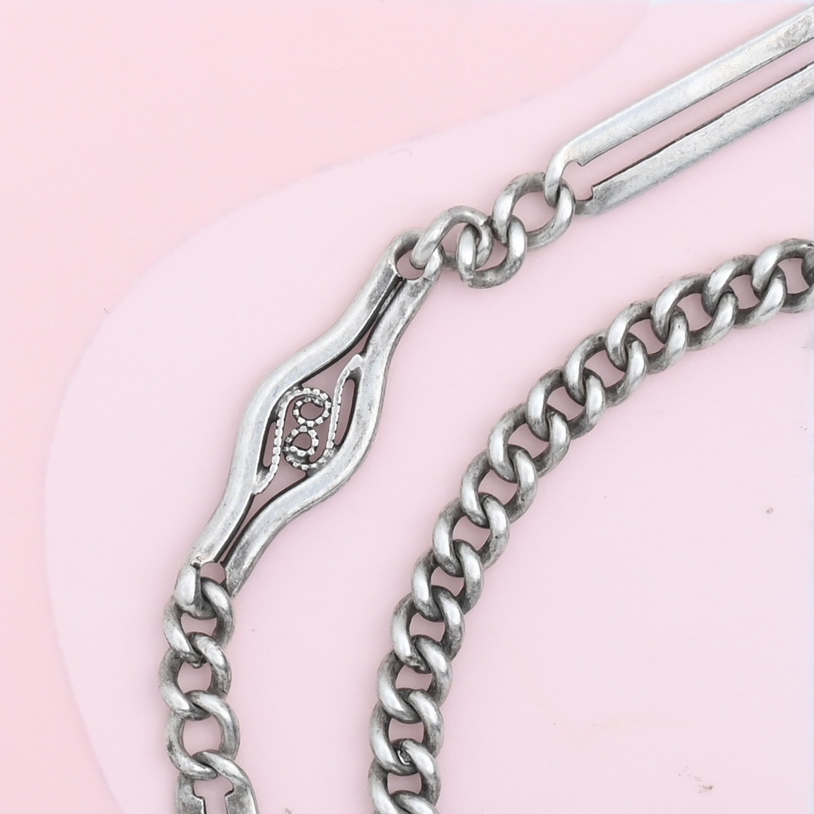 Antique Victorian Silver Curb Chain Filigree Bar Link 17″ Clasp Necklace