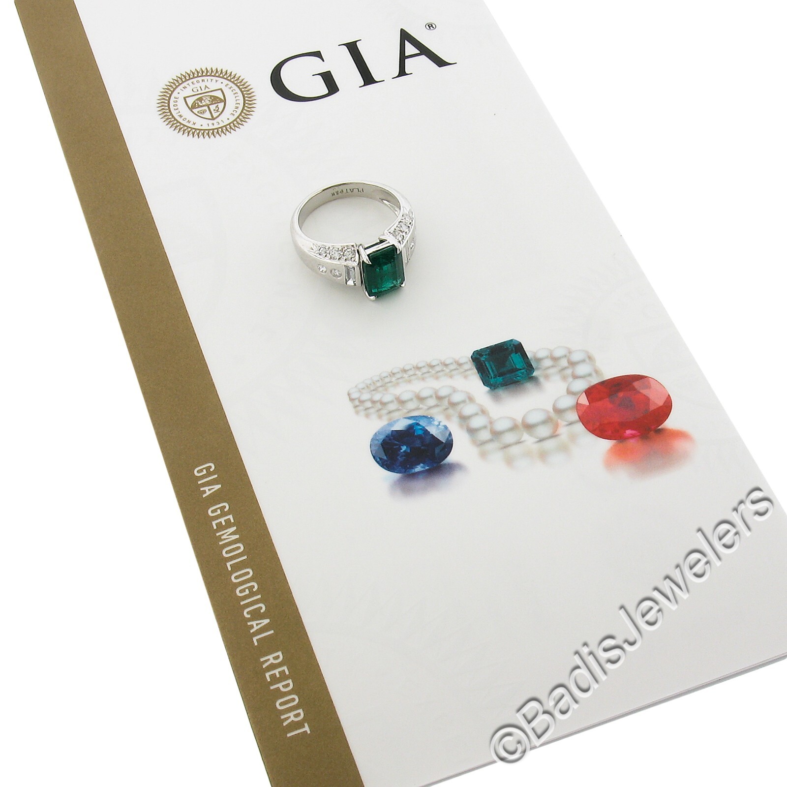 Platinum 3.67ctw GIA Octagonal Green Emerald w/ Baguette & Round Diamond Ring