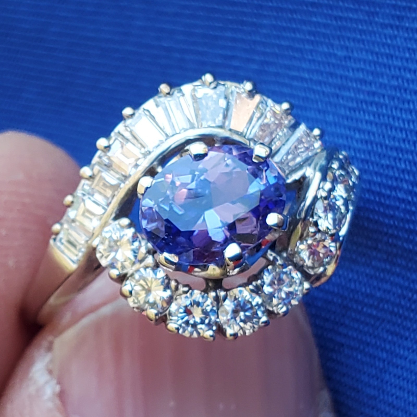 Original EARTH MINED TANZANITE DIAMOND DECO Engagement Ring Solitaire 14K GOLD 7