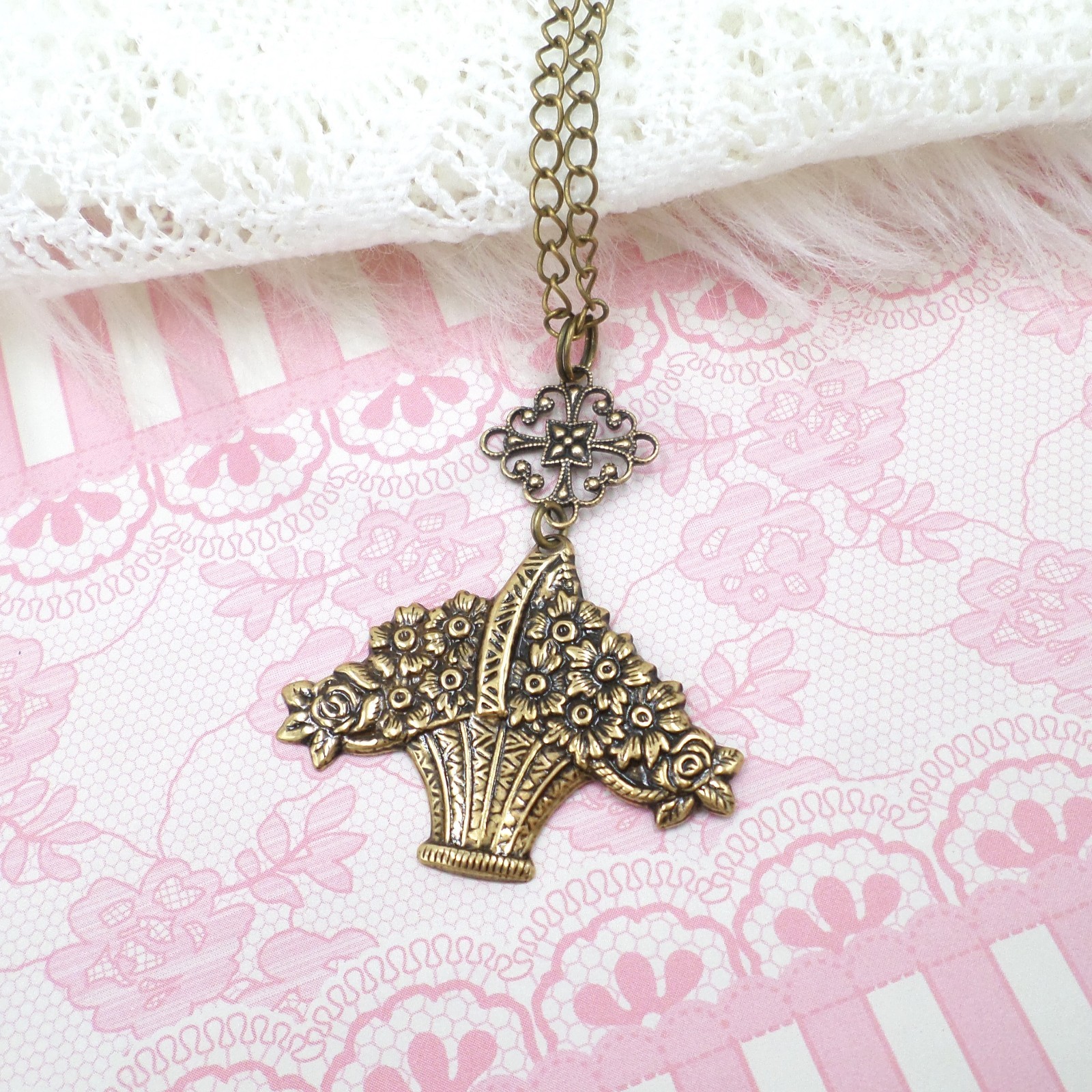 Flower Basket Necklace Antique Brass Handmade Floral Pendant Victorian Style