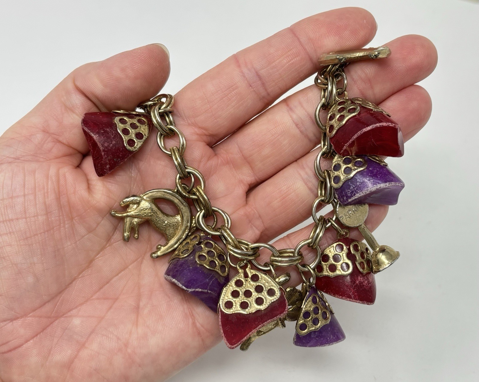 Vintage 60’s Chunky Charm Bracelet Lucky Horse Shoe Racing Purple Red Lucite
