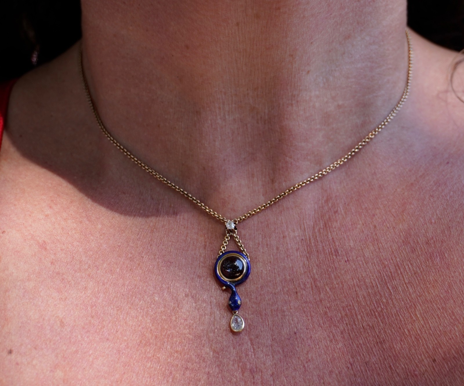 Antique 14K Enamel Snake With Diamonds & Garnet Necklace