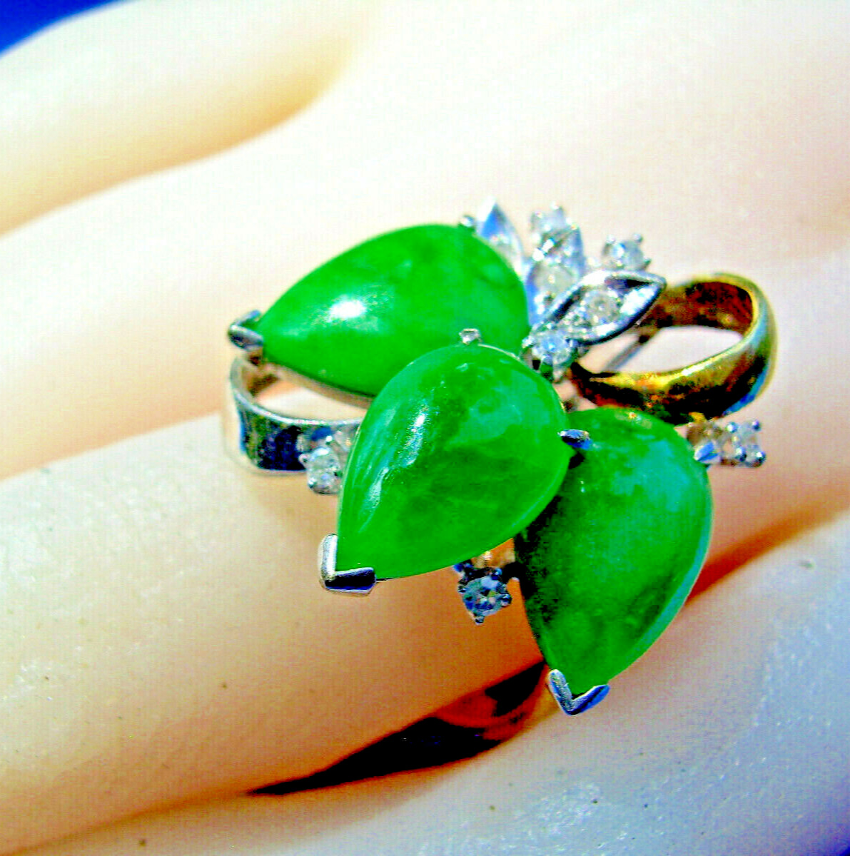 EARTH MINED Jadeite JADE Antique DIAMOND Ring Art Deco SOLID 14K GOLD Statement