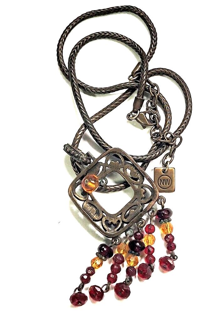 Vintage Antique Brass Pendant Necklace by NW Nate Waxman 15-17″ Very Good