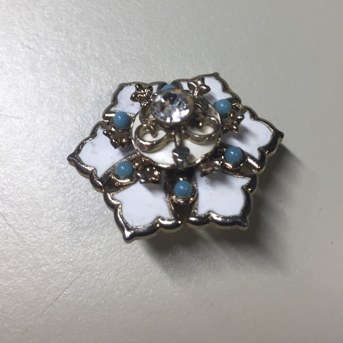 Vintage Rhinestone Enamel Turquoise Flower Brooch