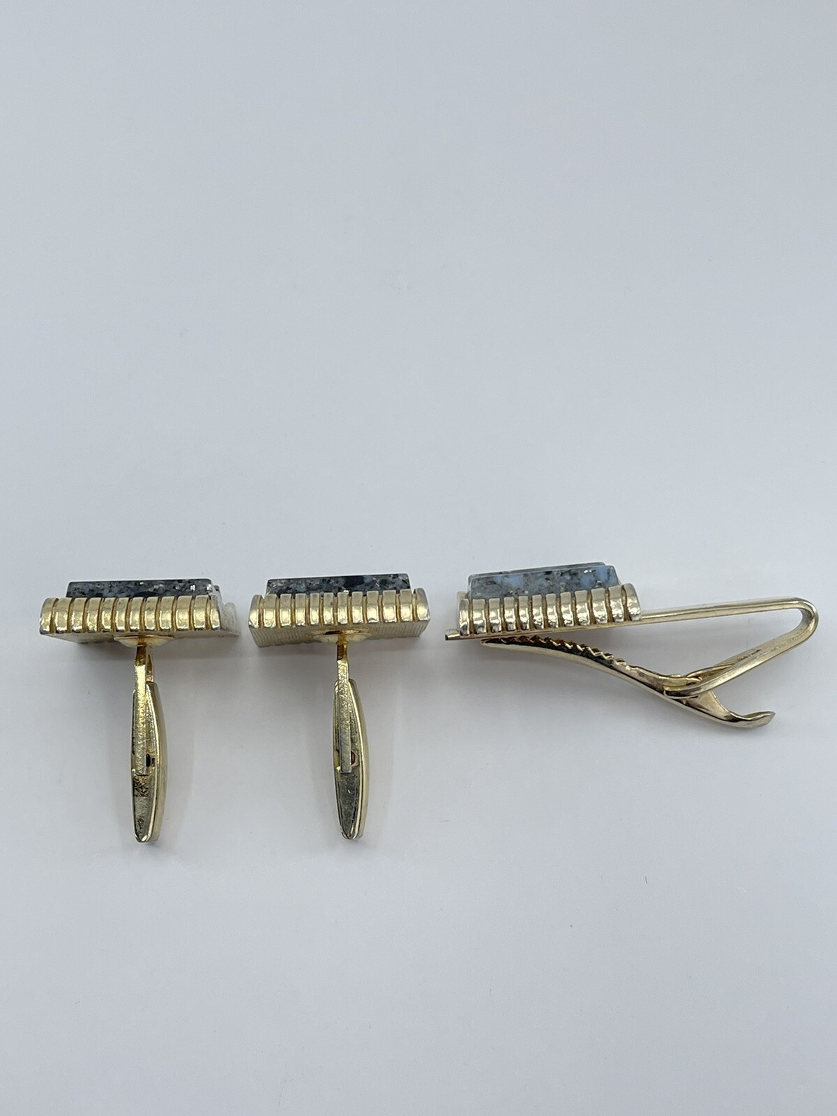 Cufflinks and Tie Clip Set concave glass rectangle gold tone