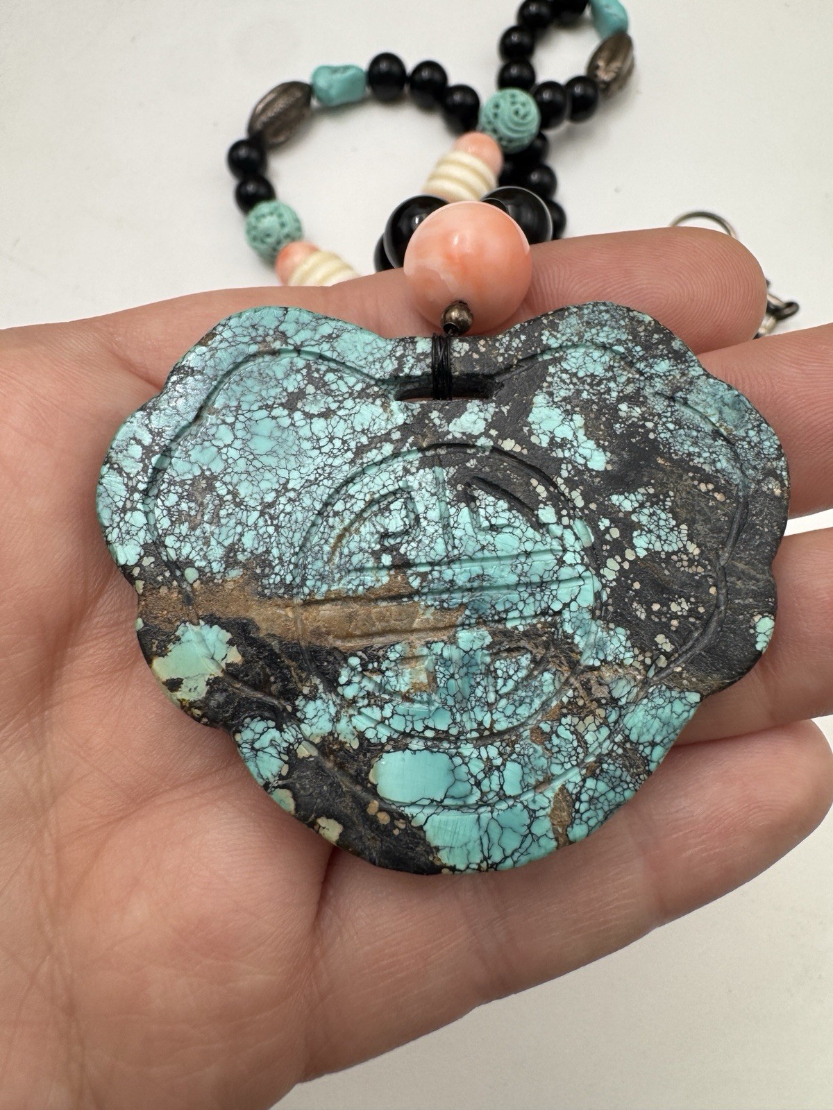 Large Chinese Longevity Pendant Necklace Coral Onyx Double Happiness 144g