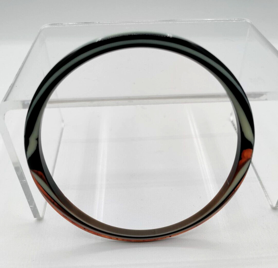 Vintage MCM Thin Swirl Bangle Bracelet Root Beer Black White Cellulose Acetate