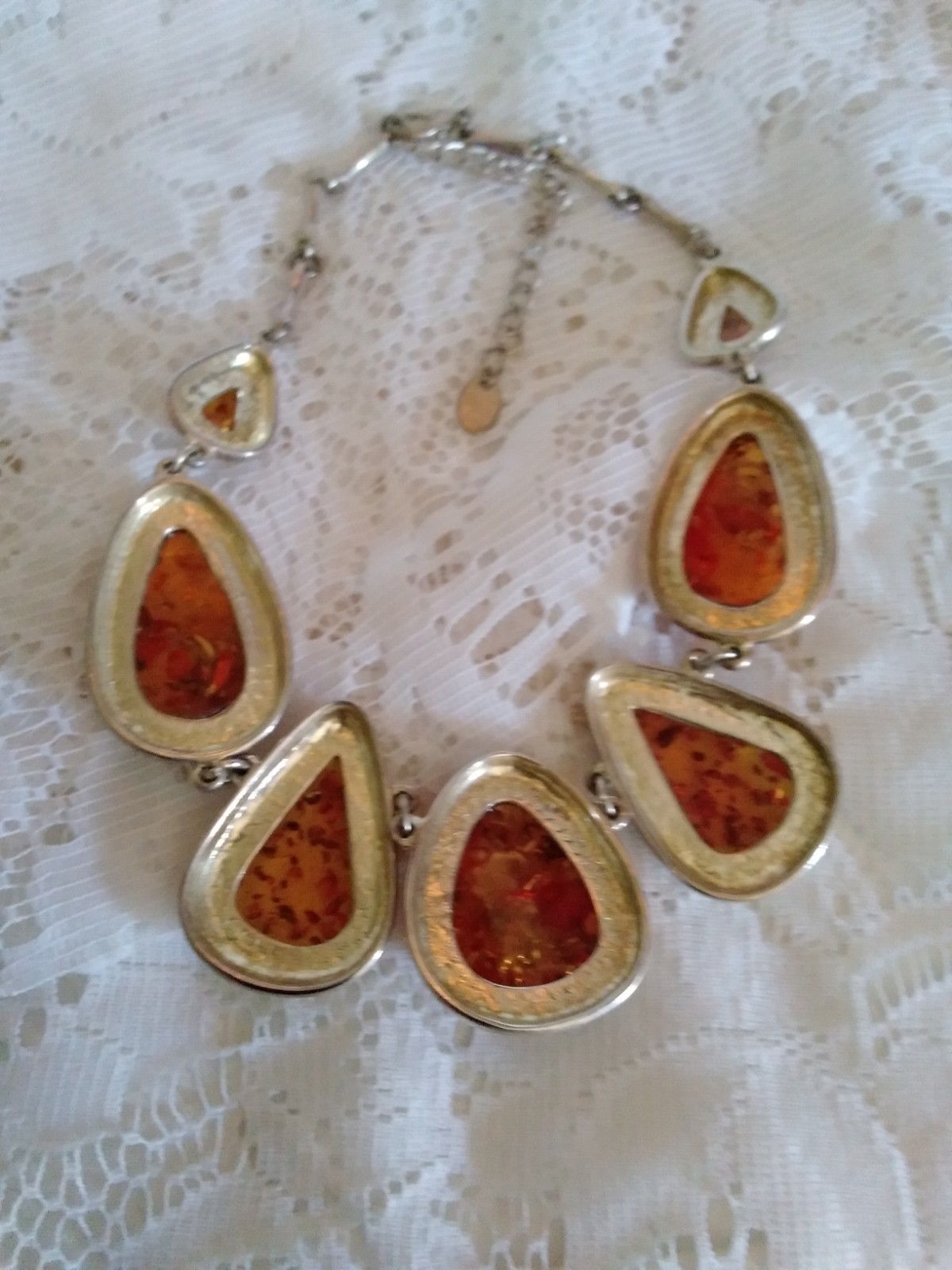 Vintage 1980’s Large Confetti Faux Baltic Amber Silvertone Fashion Necklace
