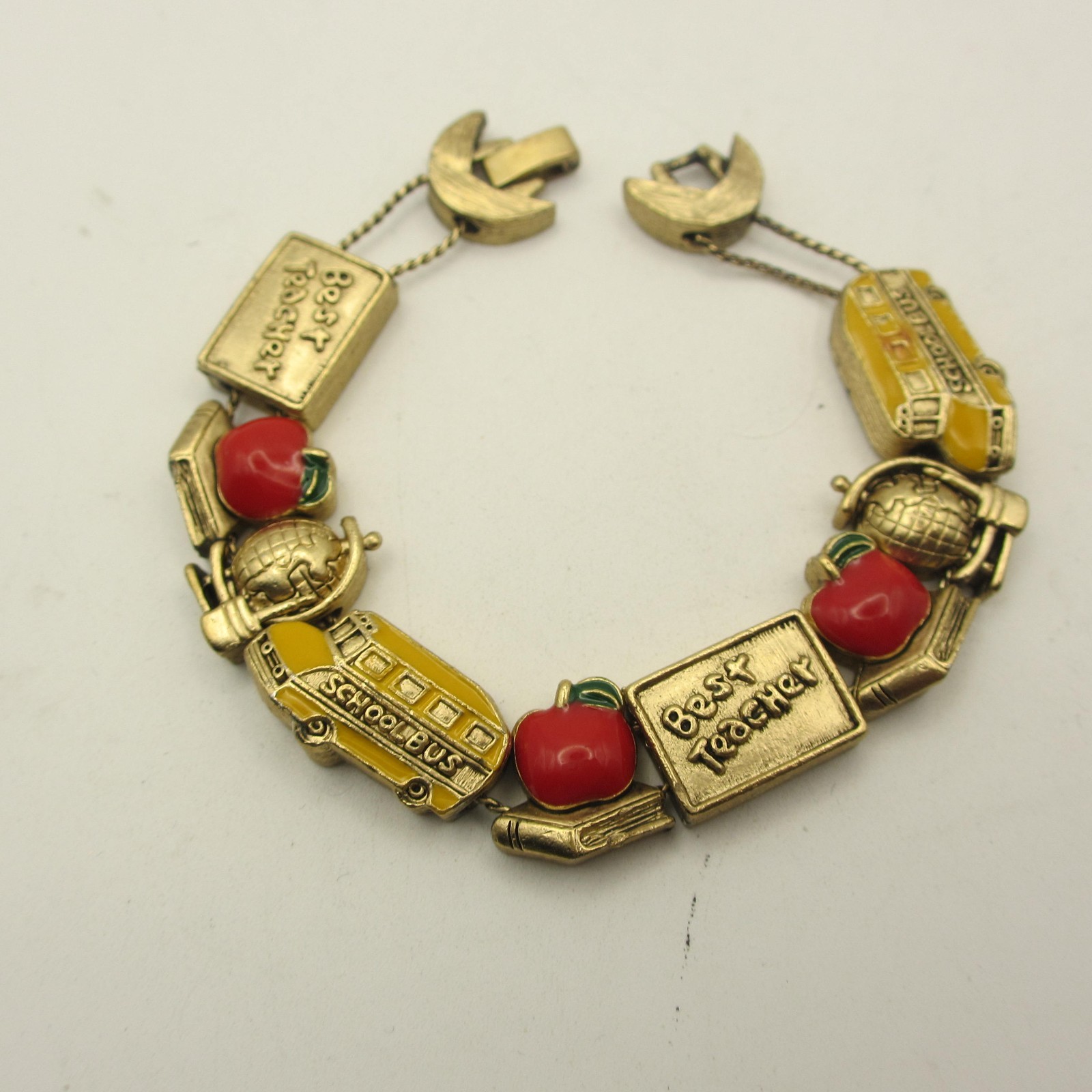 Vintage Slide Charm Bracelet School Bus Globe Apple Book Best Teacher