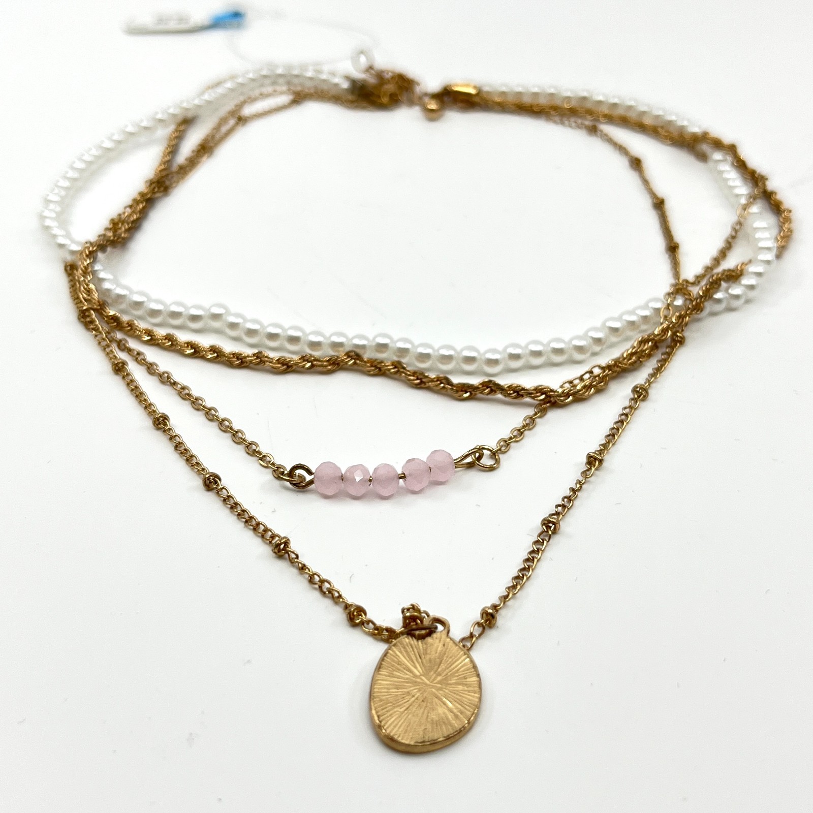 Necklace Vintage Gold Tone Multi-Layered Faux Pearl Pink Bead Oval Medallion
