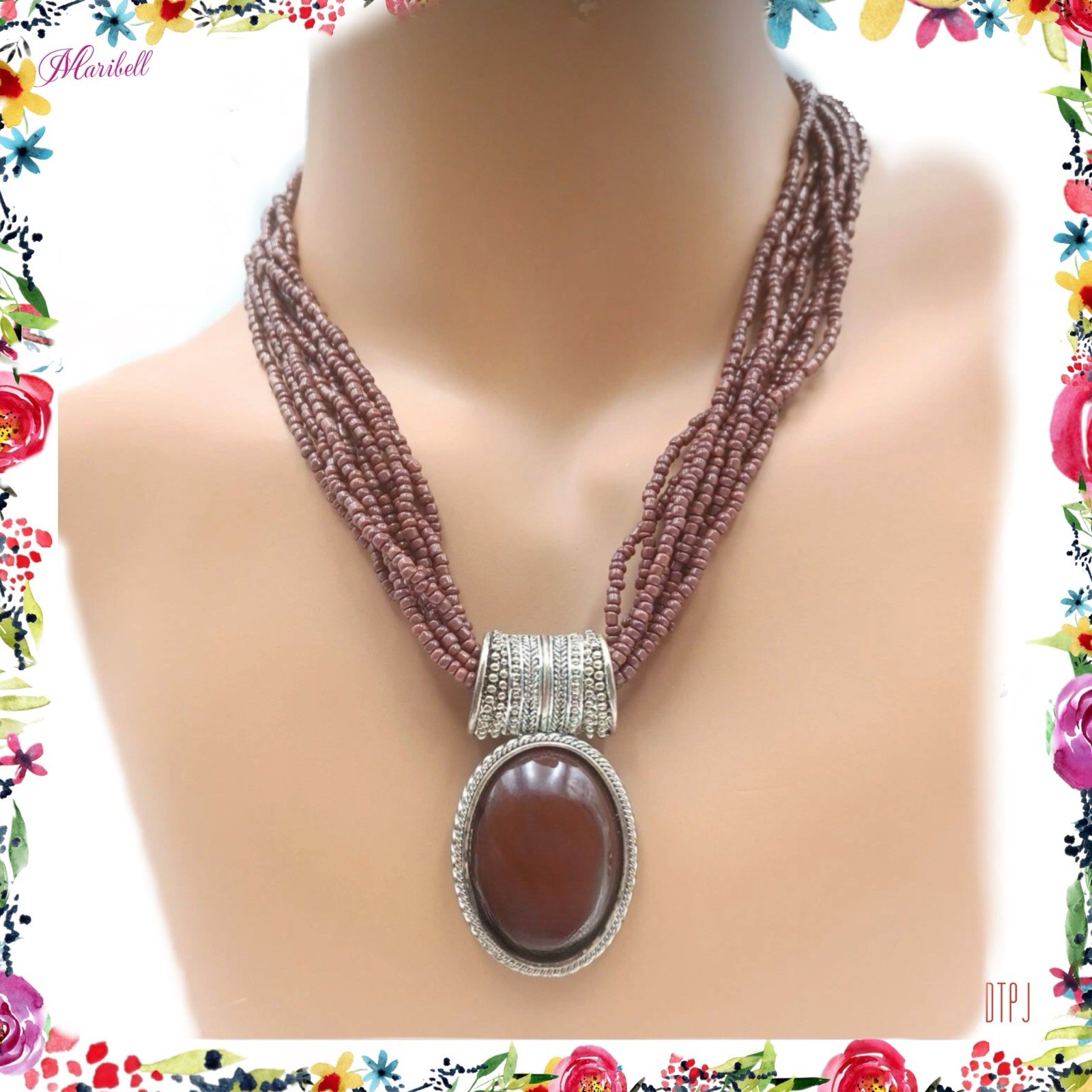 Vtg Multi Strand Brown Seed Bead Collar Necklace Oval Pendant Silver Tone Frame
