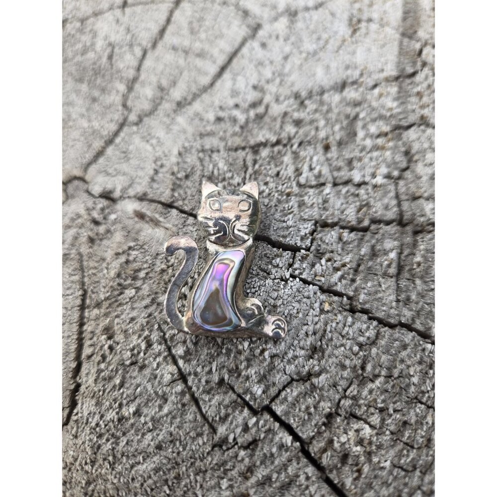 Taxco Cat Brooch Pin Abalone Shell Sterling Silver Vintage Jewelry Cute Retro
