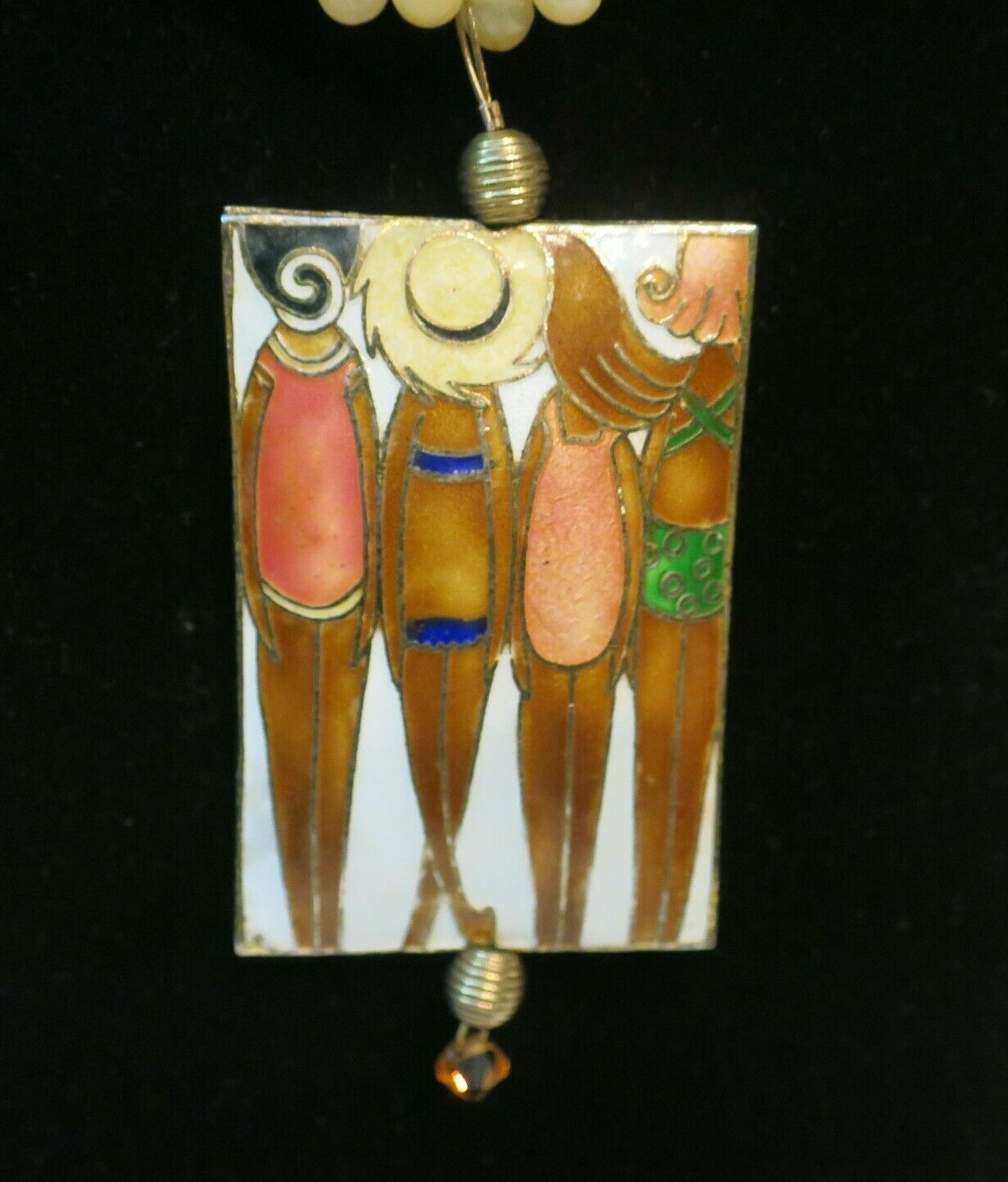 Art Deco Girls at Beach Cloisonne Stone Bead 24” Long Necklace Swimsuit Gold