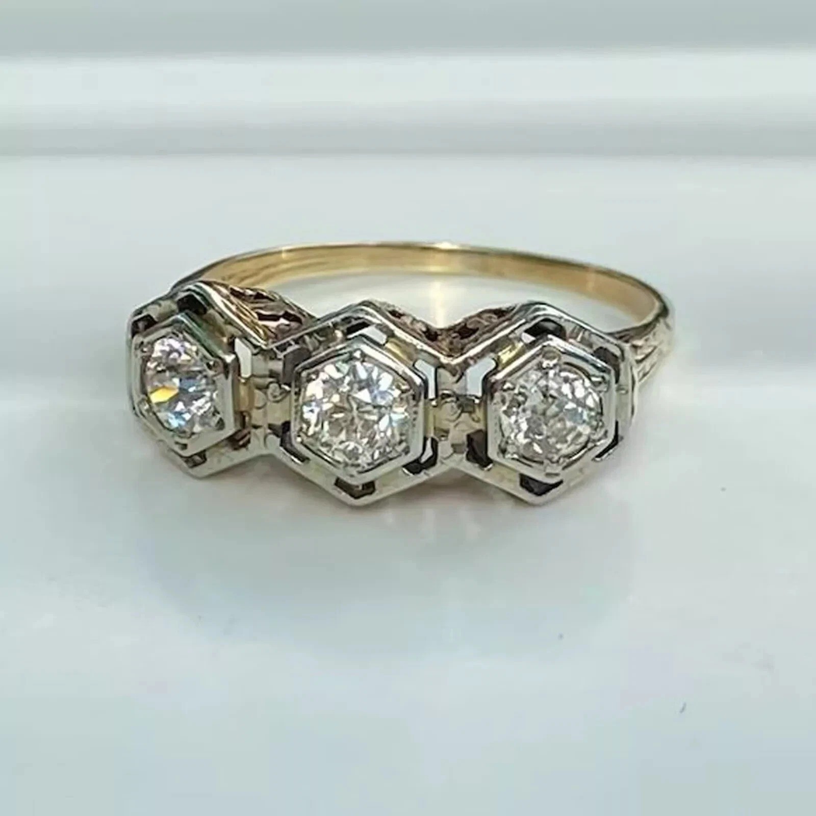 Art Deco Round Cut Lab Created Diamond Three-Stone 14K Gold Finish Wedding Ring