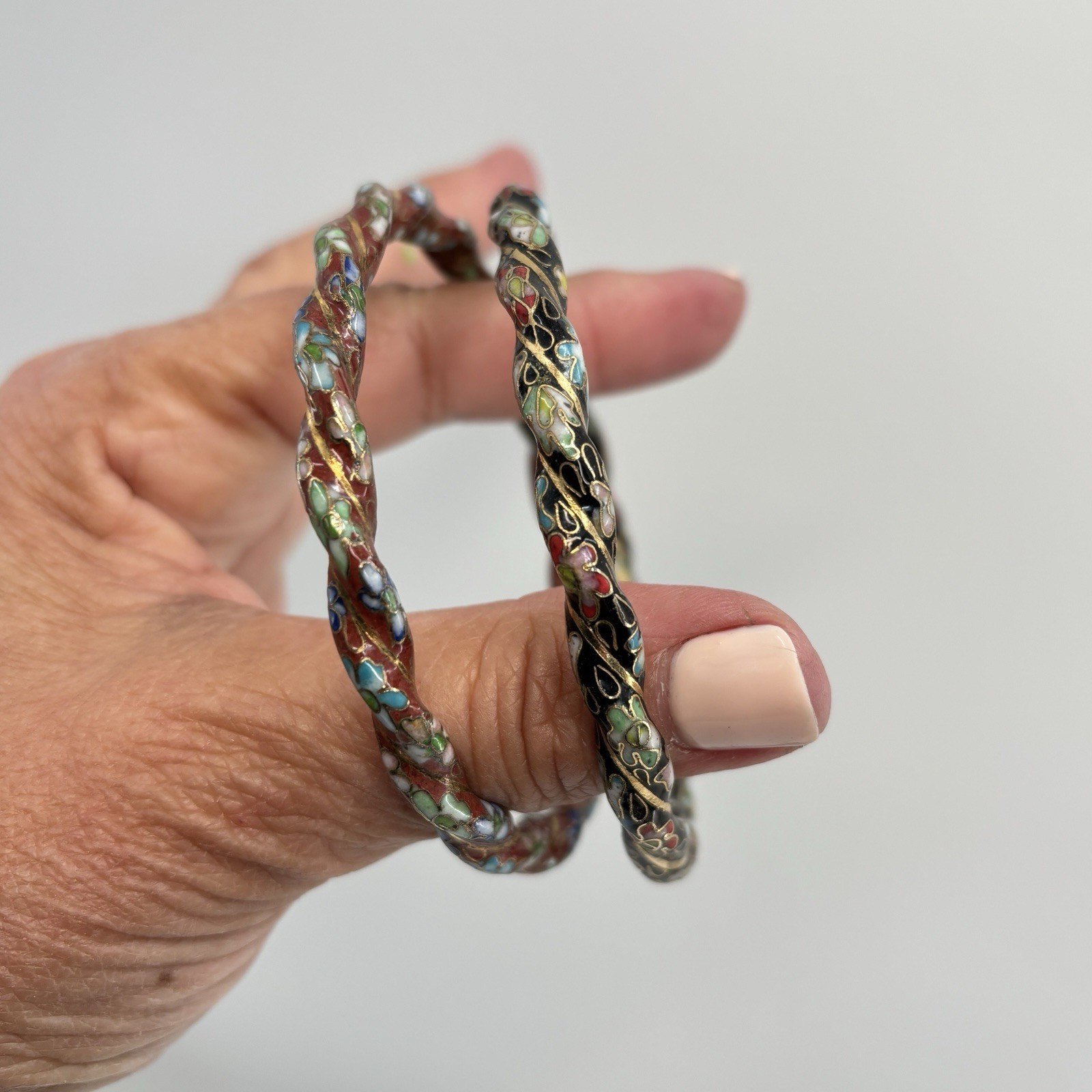 Vintage Chinese Cloisonne Bracelets Bangles Twisted Enamel Heavy