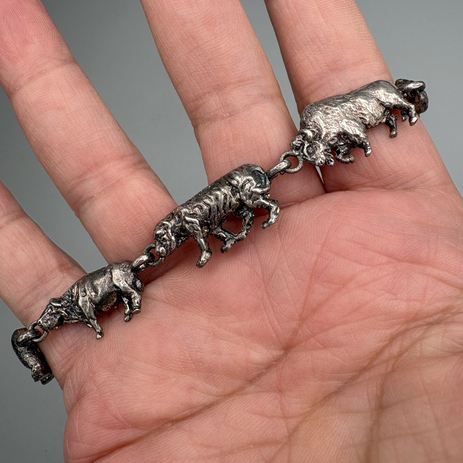 Vintage Sterling Silver African Animal Link Bracelet 8″ Dimensional 22.04g 925