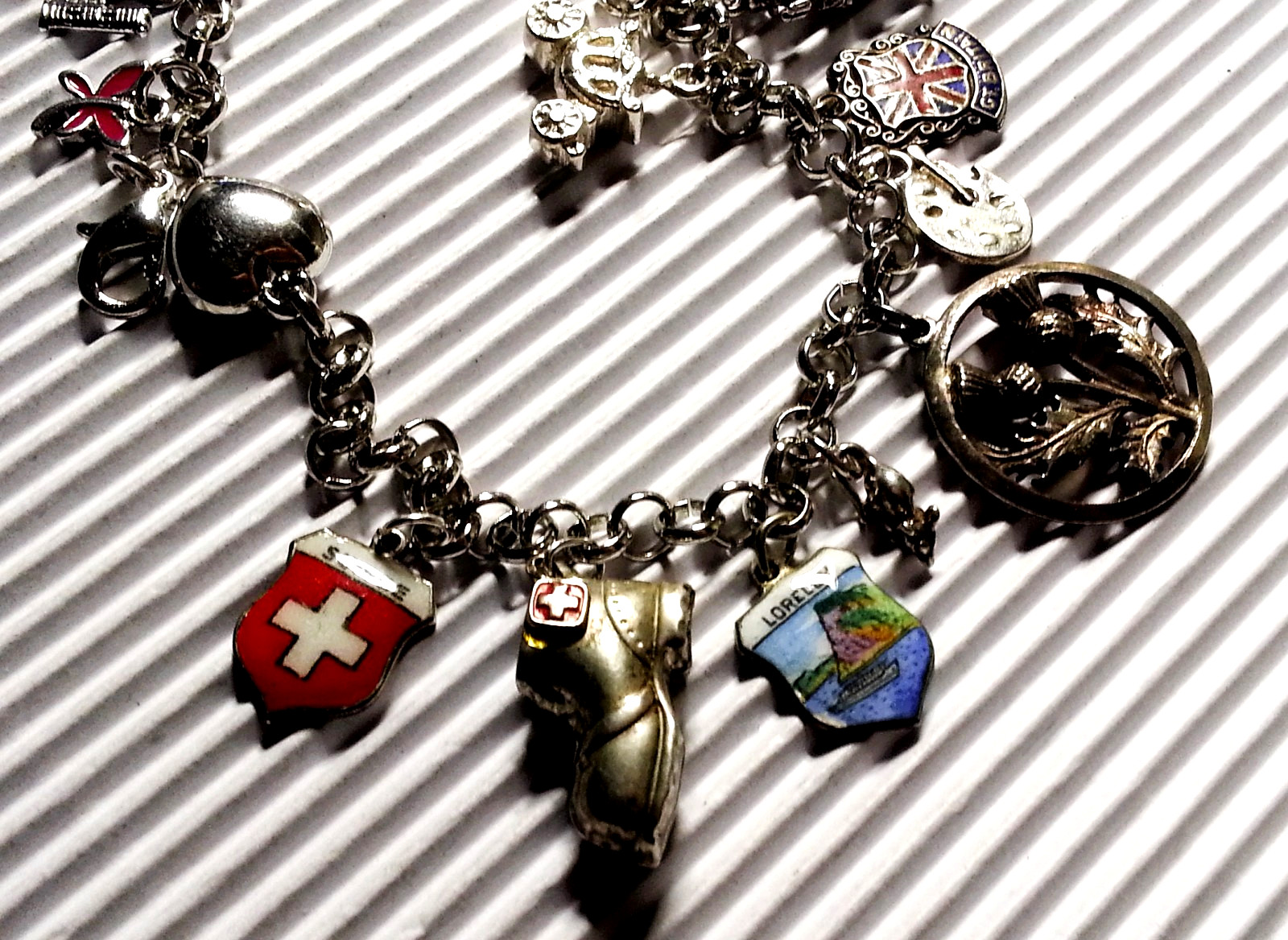 International Travel Sterling Silver Charm Bracelet & 16 Charms, 925-800 Silver