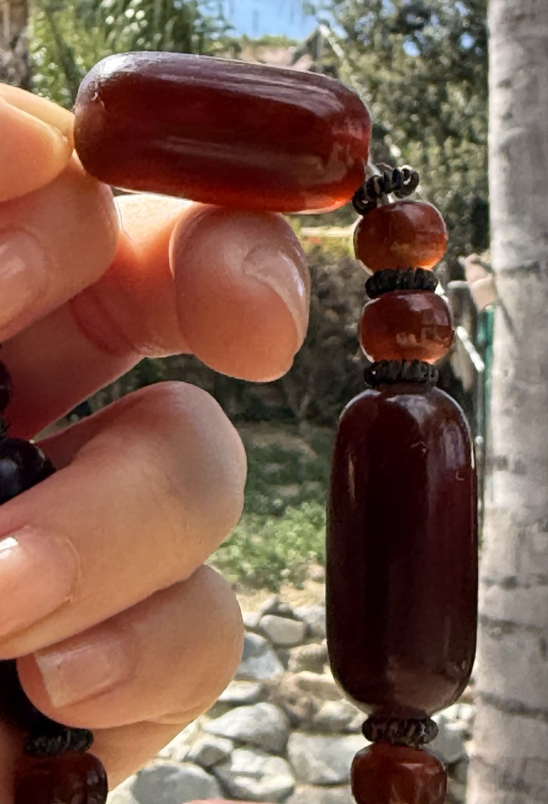 Vintage Cherry Amber Color Phenolic Resin Barrel Bead Necklace 20” 53g