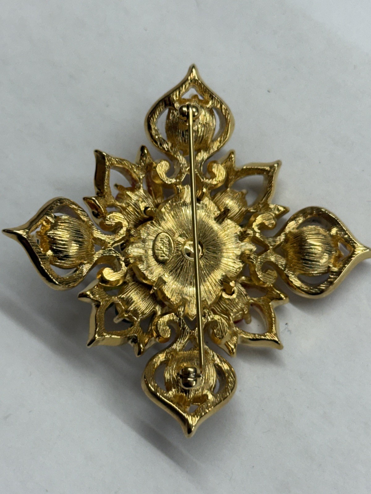 Joan Rivers Gold Tone Jeweled Cabochon Maltese Cross Statement Brooch Pin