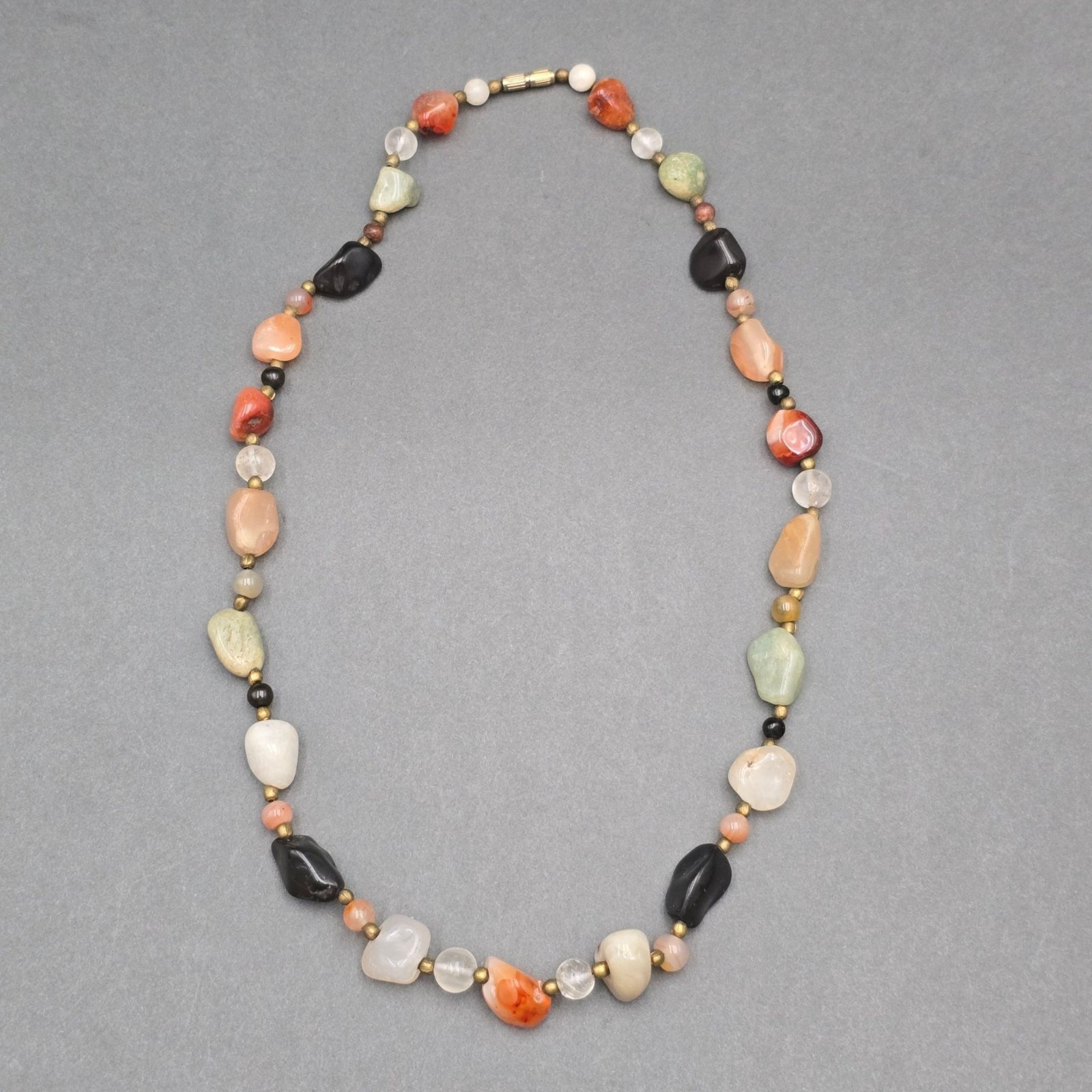 Vintage Multi Gemstone Beggar Bead Necklace 20″ Natural Stone Brass Accents