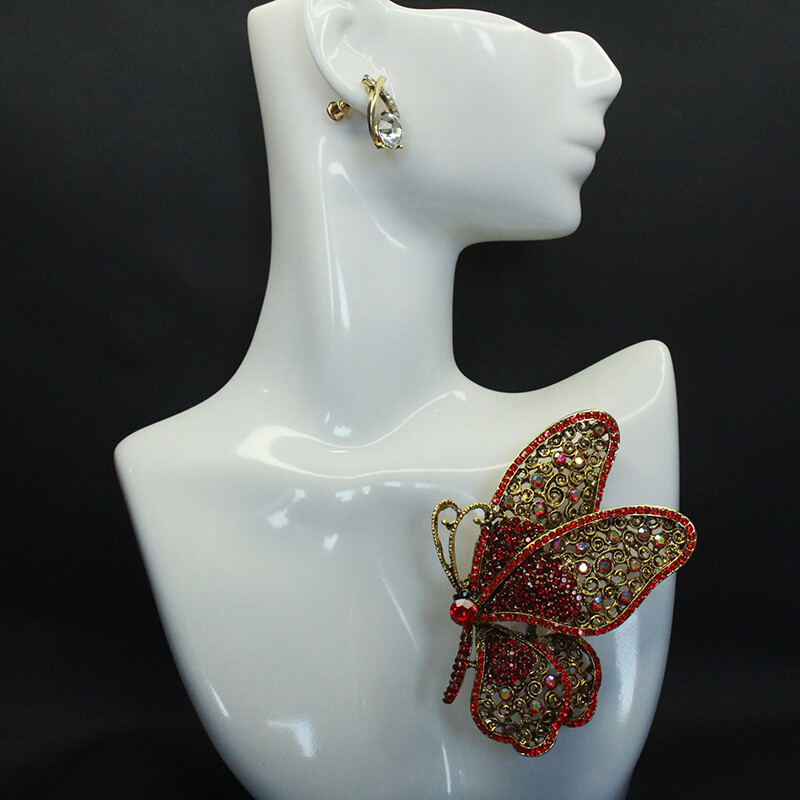 Vintage Large Size Red Butterfly Zircon Alloy Corsage Brooch Collar Pin