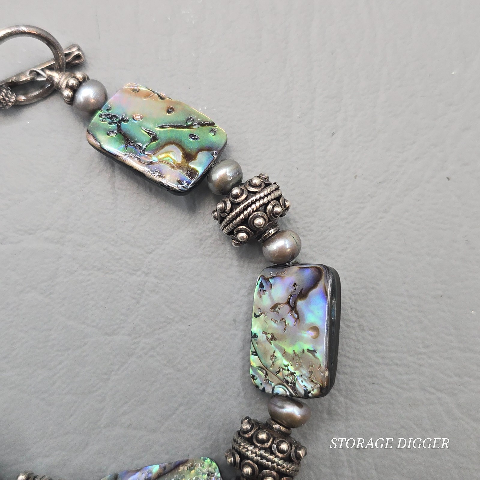VTG Rectangle Abalones & Silver Tone Beaded Bracelet 8.75″ Long, Toggle Closure
