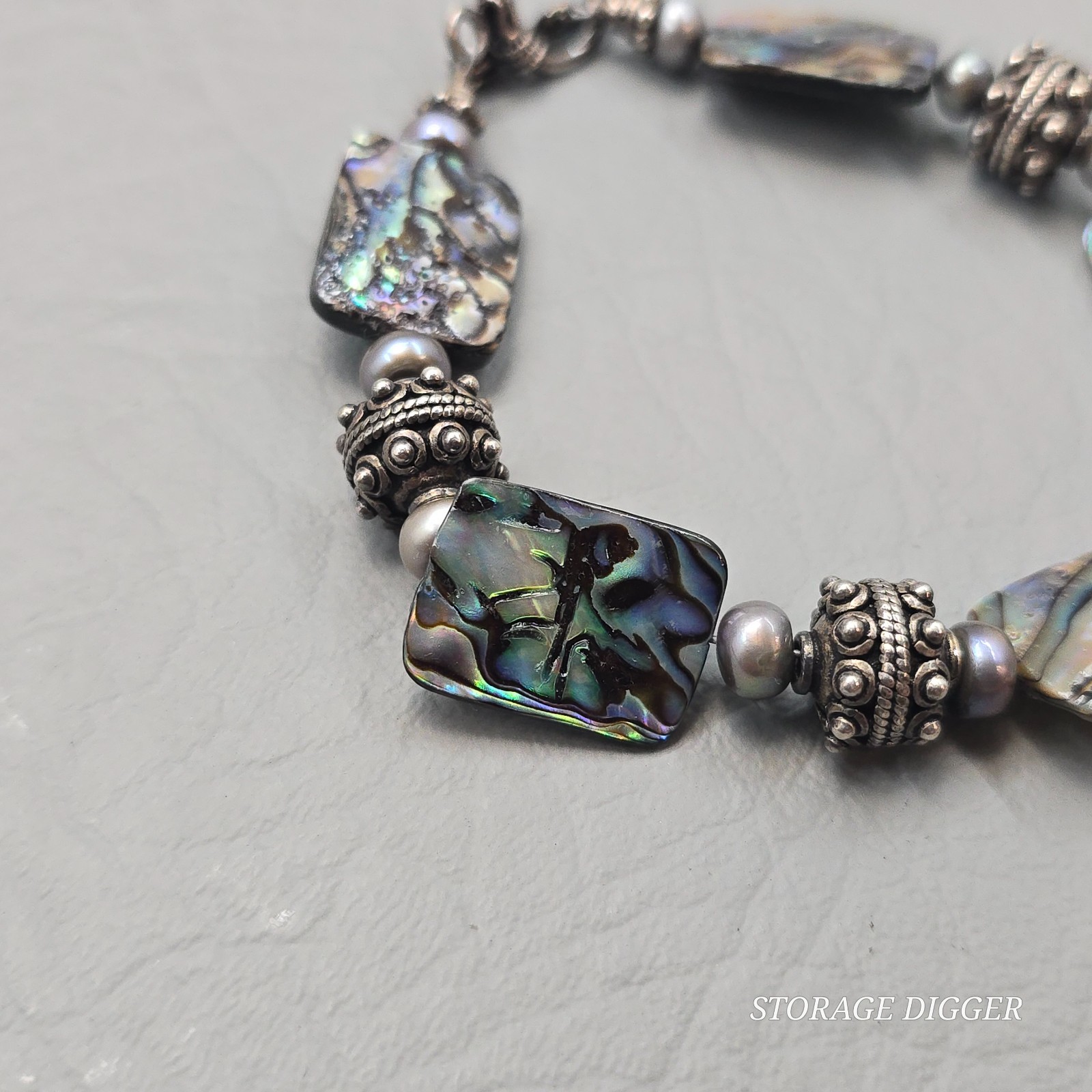 VTG Rectangle Abalones & Silver Tone Beaded Bracelet 8.75″ Long, Toggle Closure