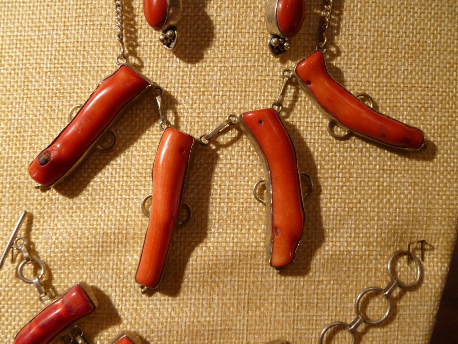 Contemporary Branch Raw Coral Necklace Bracelet Earrings Set On Sterling Silver