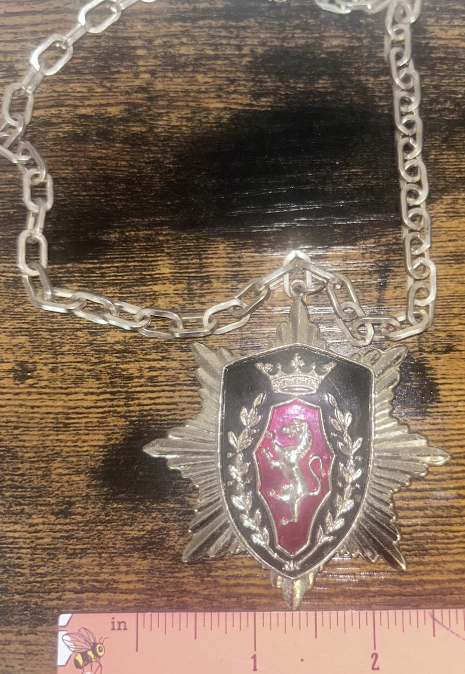 Vintage Crest Shield Lion Pendant Chain Necklace With Red Enamel Accent