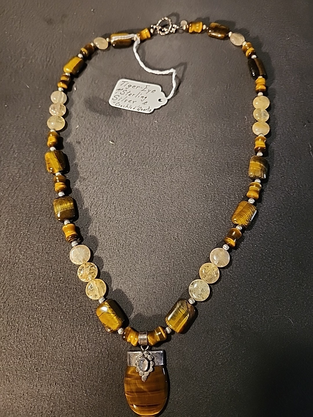 Beautiful Tiger Eye Stone Necklace 24 Inch sterling silver trim