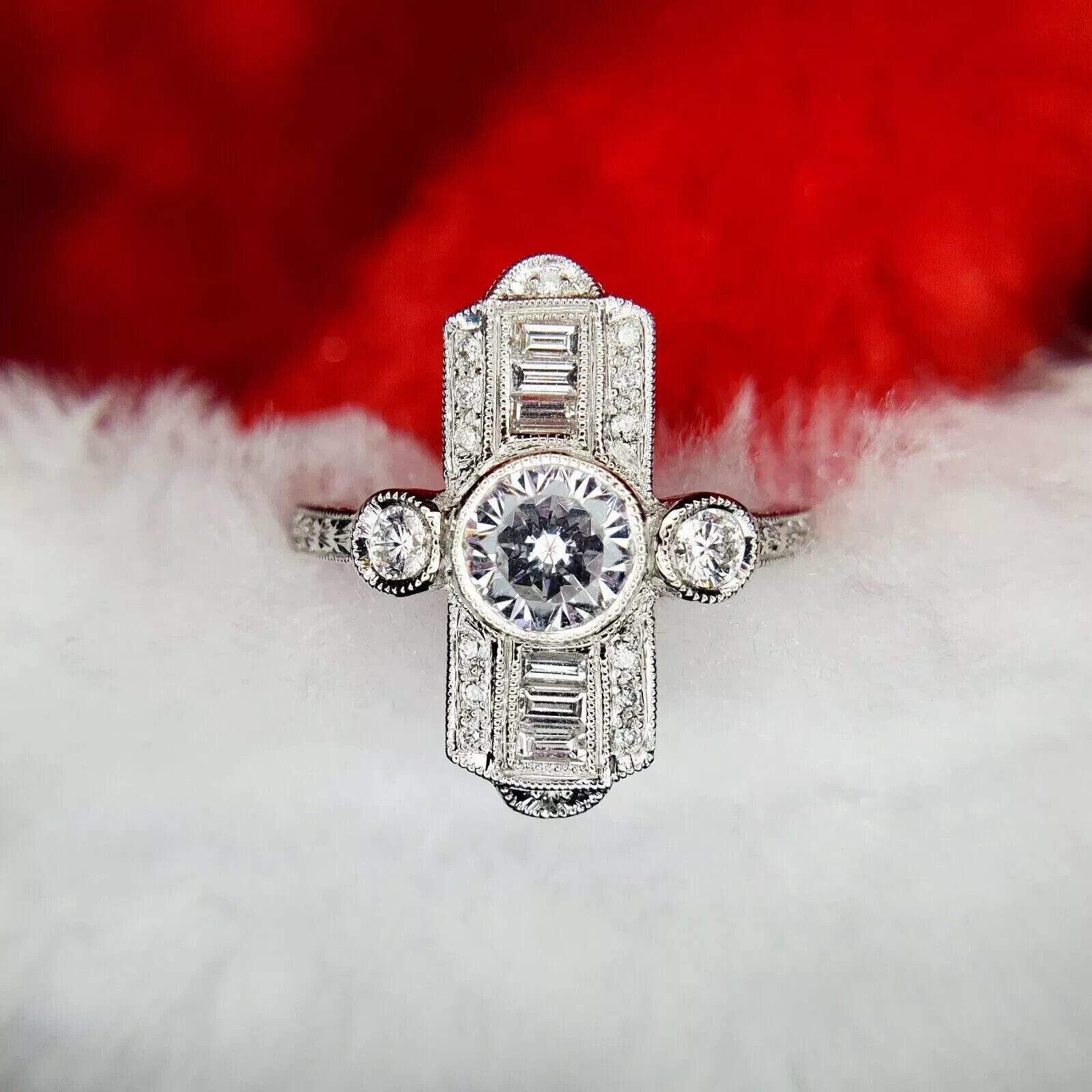 14K White Gold FN Round Cut Art Deco Style Lab-Created Diamond Wedding Ring