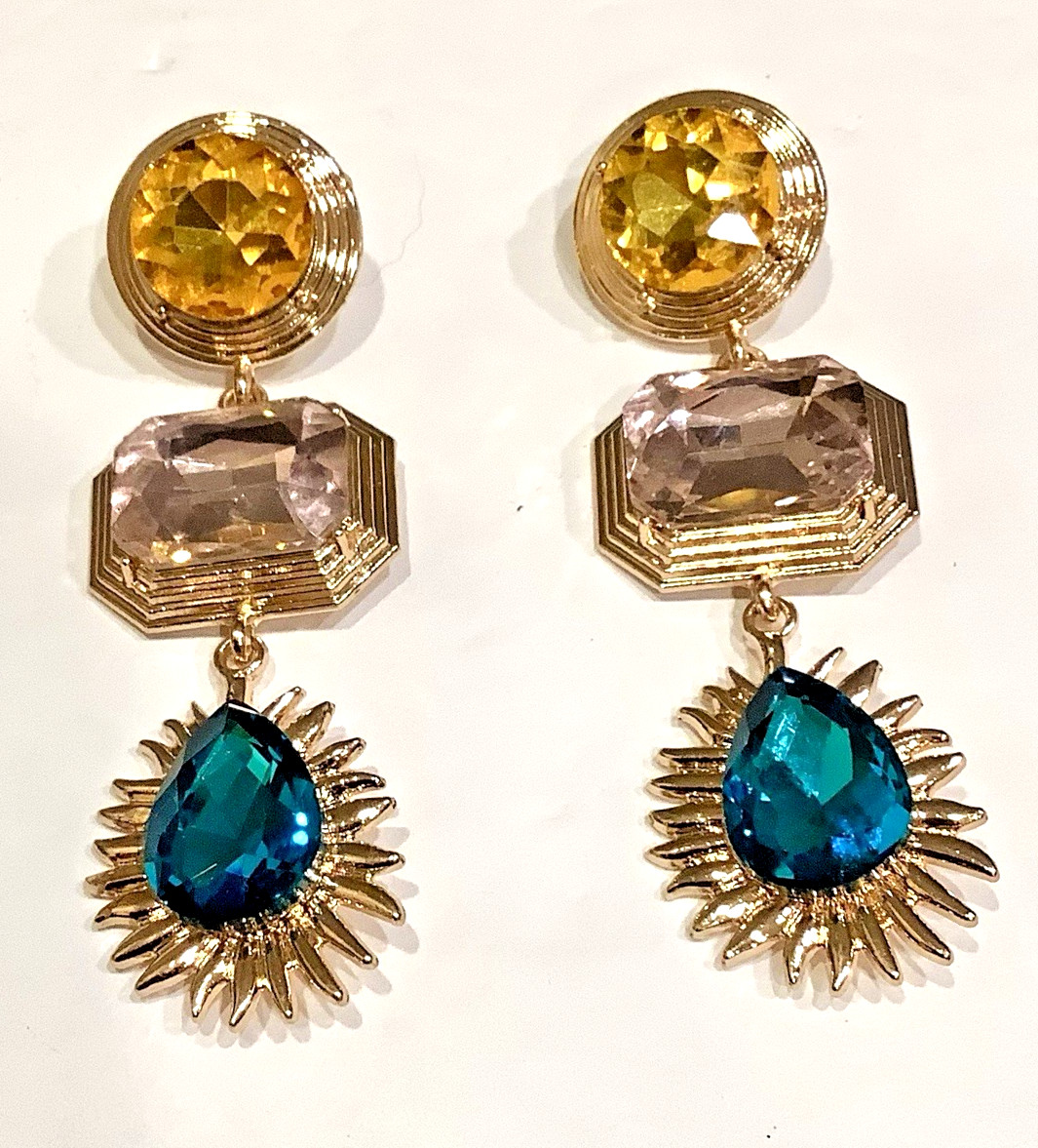 Big Glass Earrings Vintage DANGLE DROP Chunky Pierced Topaz Pink Green Golden