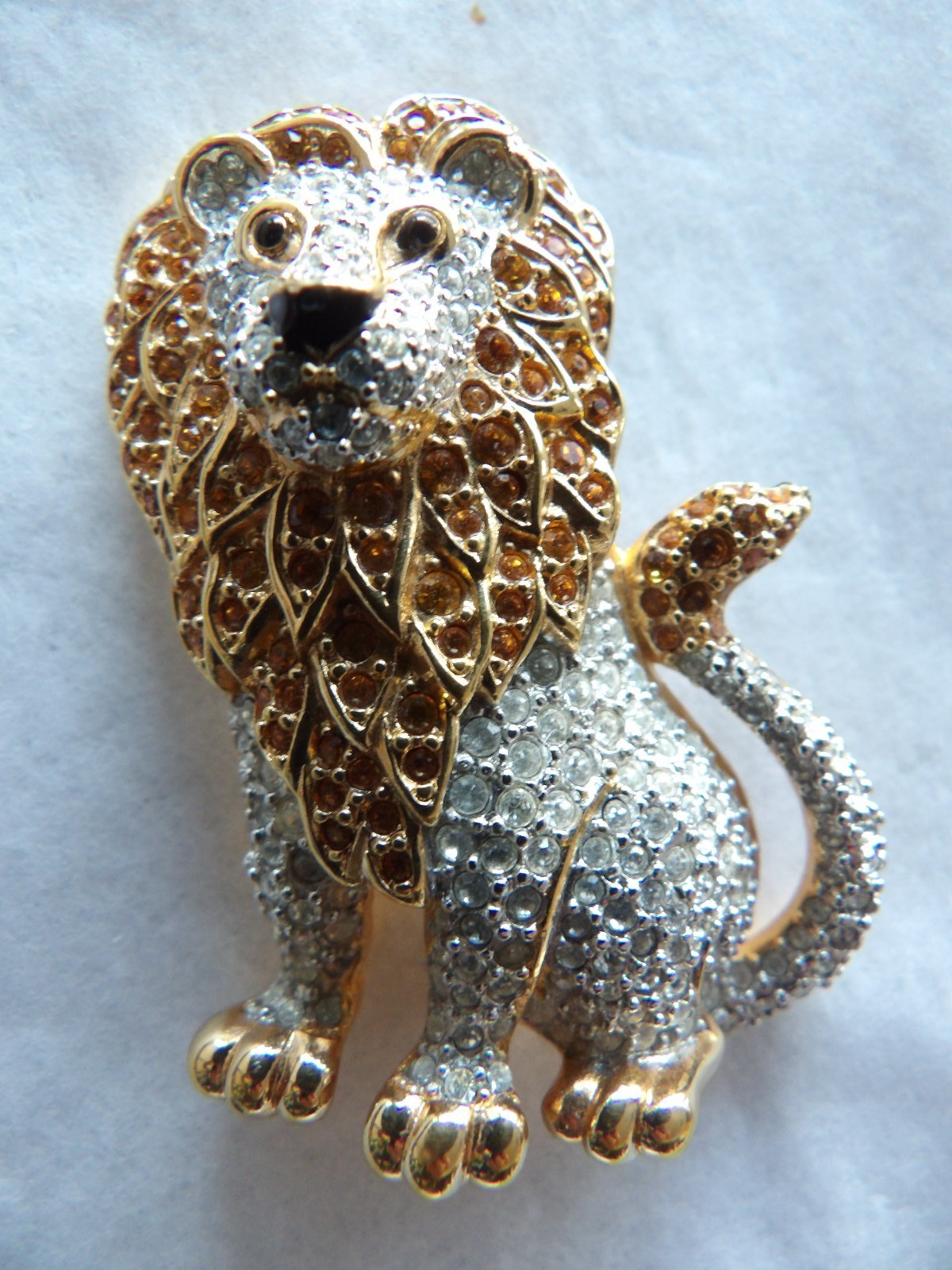 Swarovski Swan Signed Gold Plated Orange/Clear Pave Crystals Lion 2.25” Brooch
