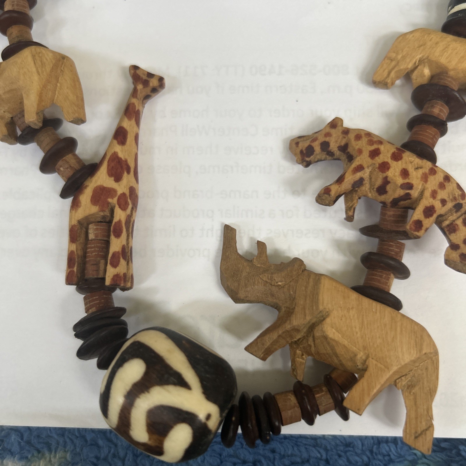Vintage African Necklace Hand Carved Wooden Safari Animal Beads 24” Giraffe 🦒 ￼