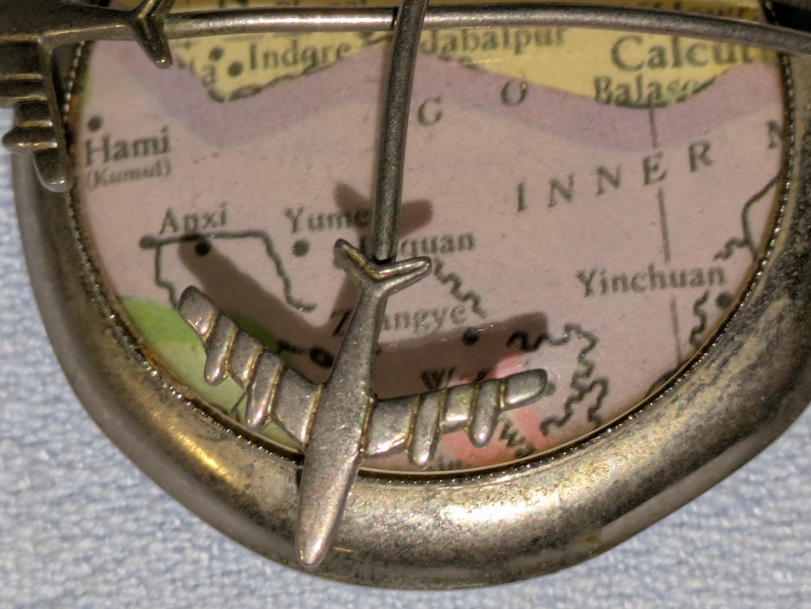 VINTAGE METAL TRAVEL BROOCH PIN JET PLANE AIRPLANES FLYING MAP ASIA INDIA CHINA