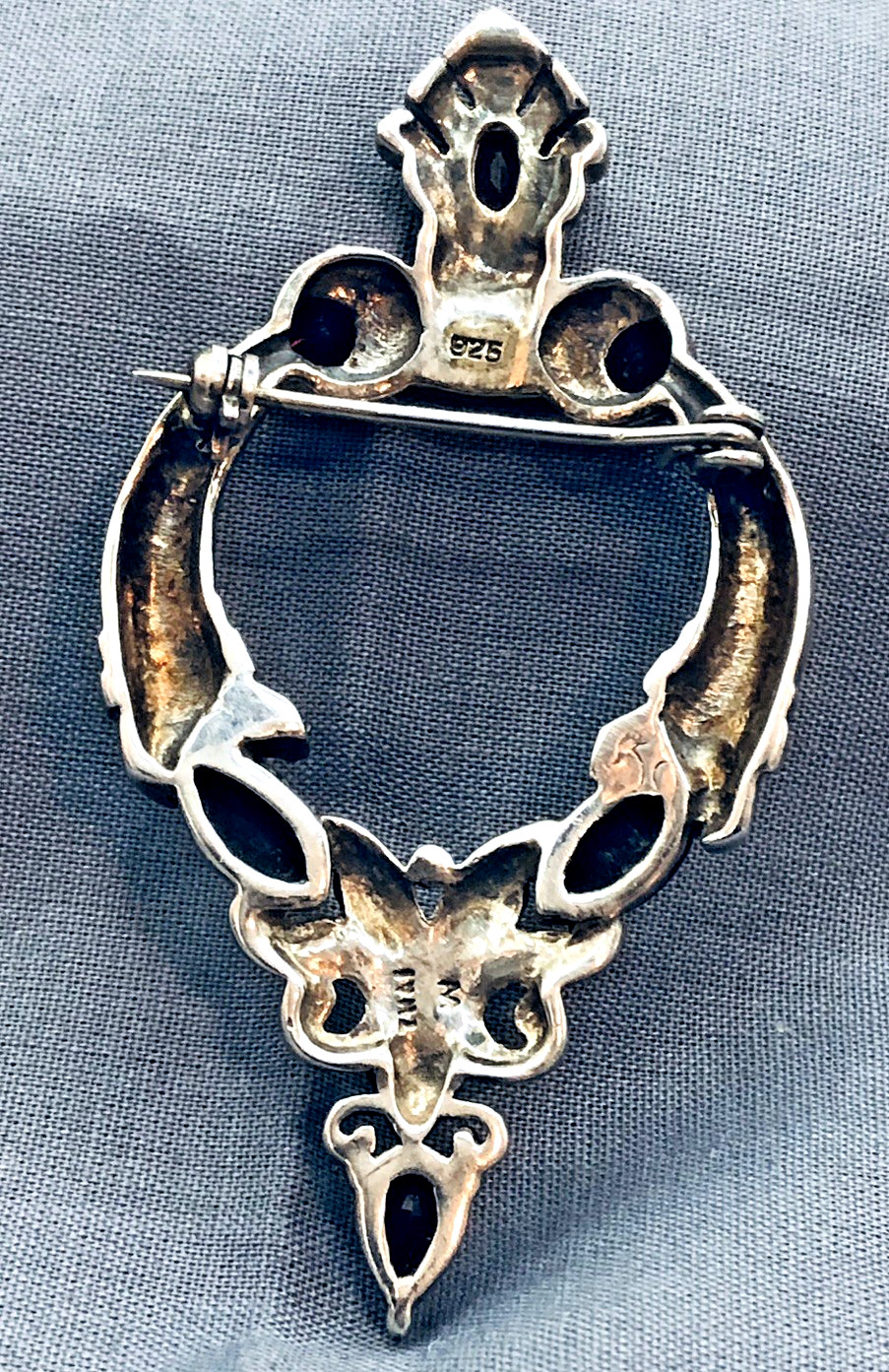 Vtg. Sterling Silver Brooch w. Red Stones & Marcasites 2 12 In. 13 Gr.
