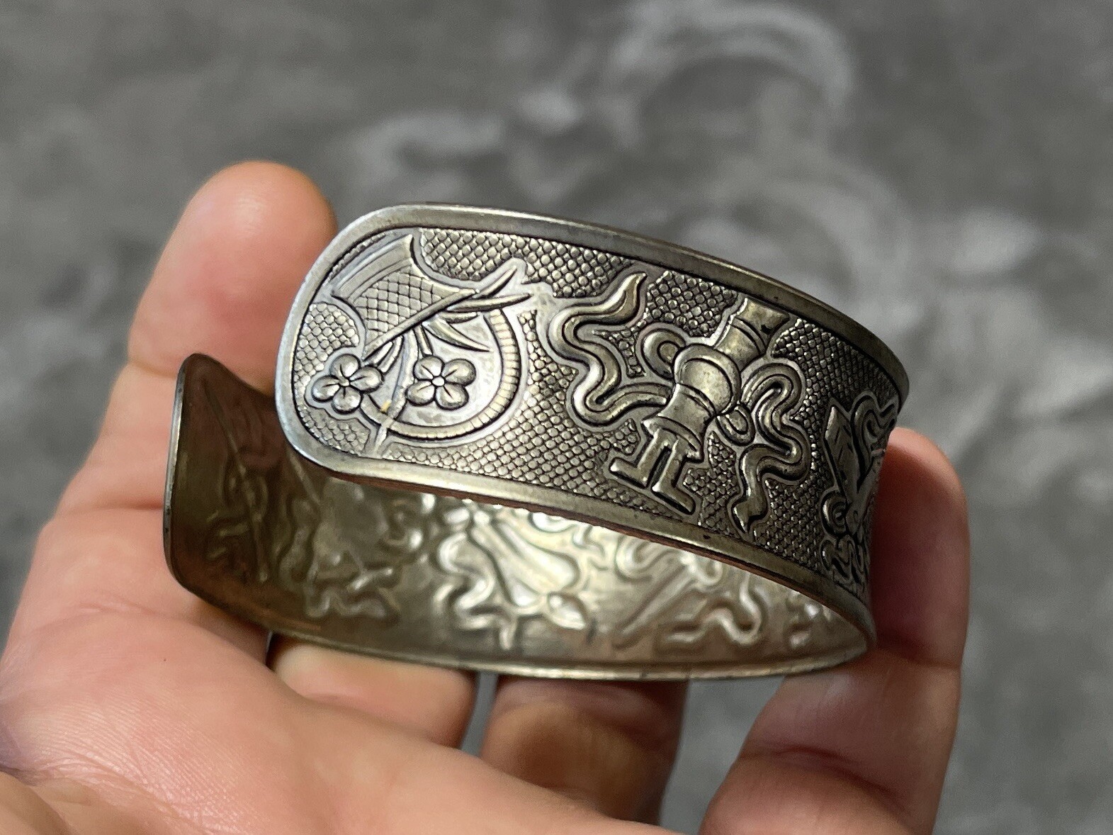Silver Tone Metal Bracelet w Flowers, Daggers & Other Designs Signed !!