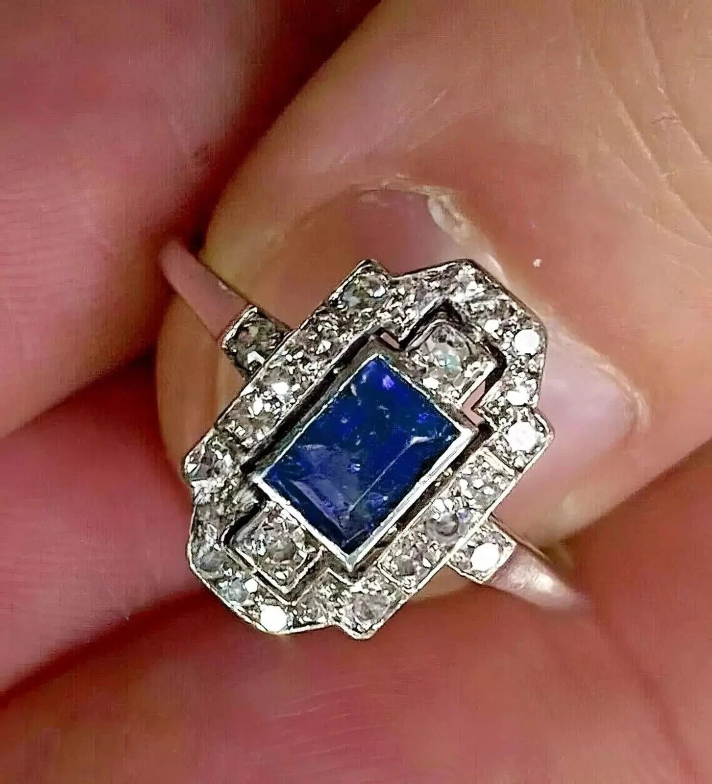 Art Deco 2.95Ct Lab Created Diamond & Sapphire Engagement 14K White Gold FN Ring