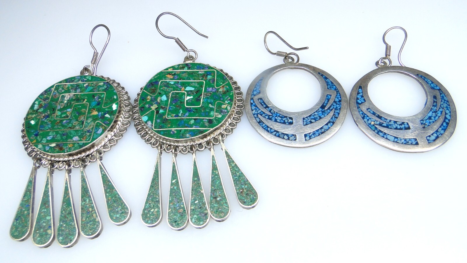 Large Mexican Sterling Inlaid Dangle Pierced Earrings Signed 2pr Lot