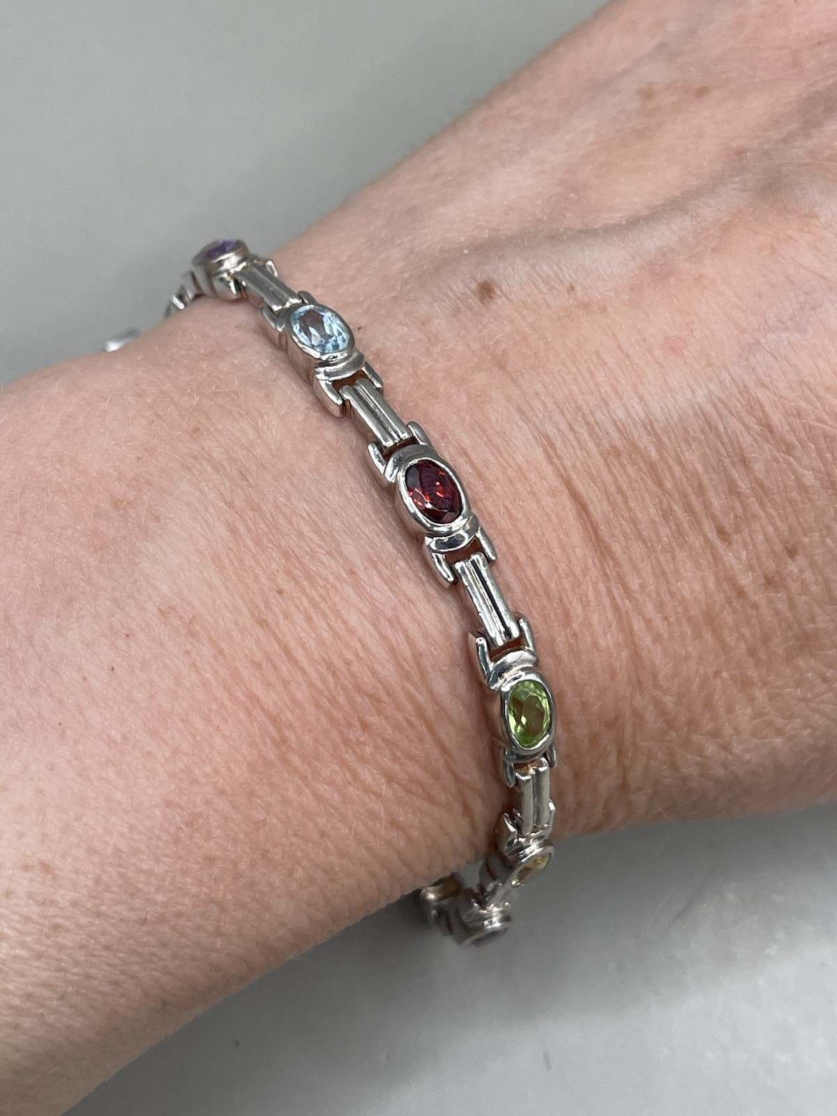 925 Sterling Silver Signed DBJ Genuine Multi Gemstones Tennis 7.25” Bracelet