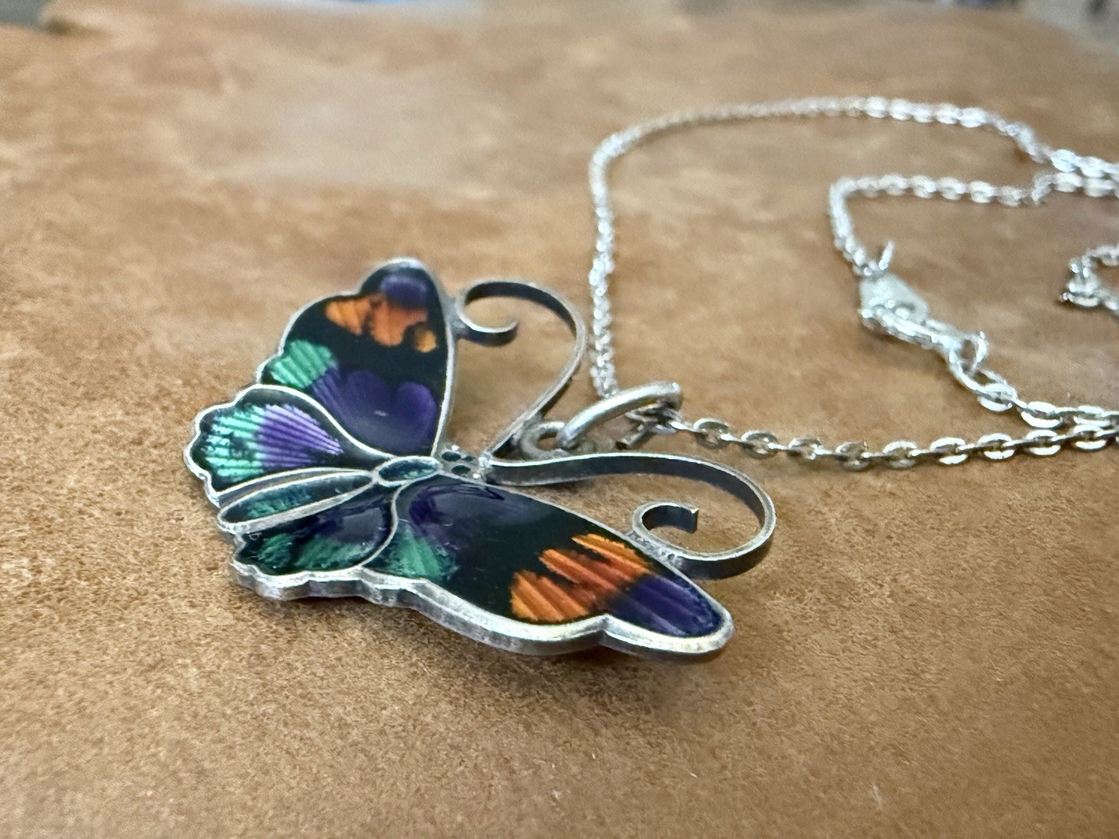 David-Andersen 925S Multi-Color Guilloche Enamel Butterfly Pendant Necklace 18”