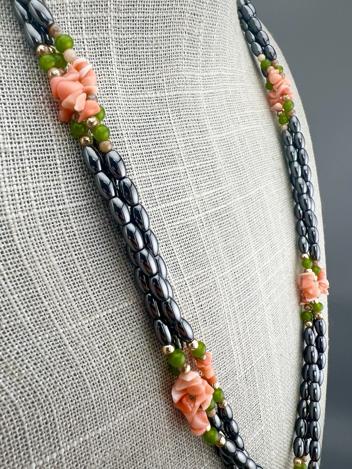 Vintage Beaded Necklace Hematite Shell Aventurine Triple Strand Gold Tone 24”