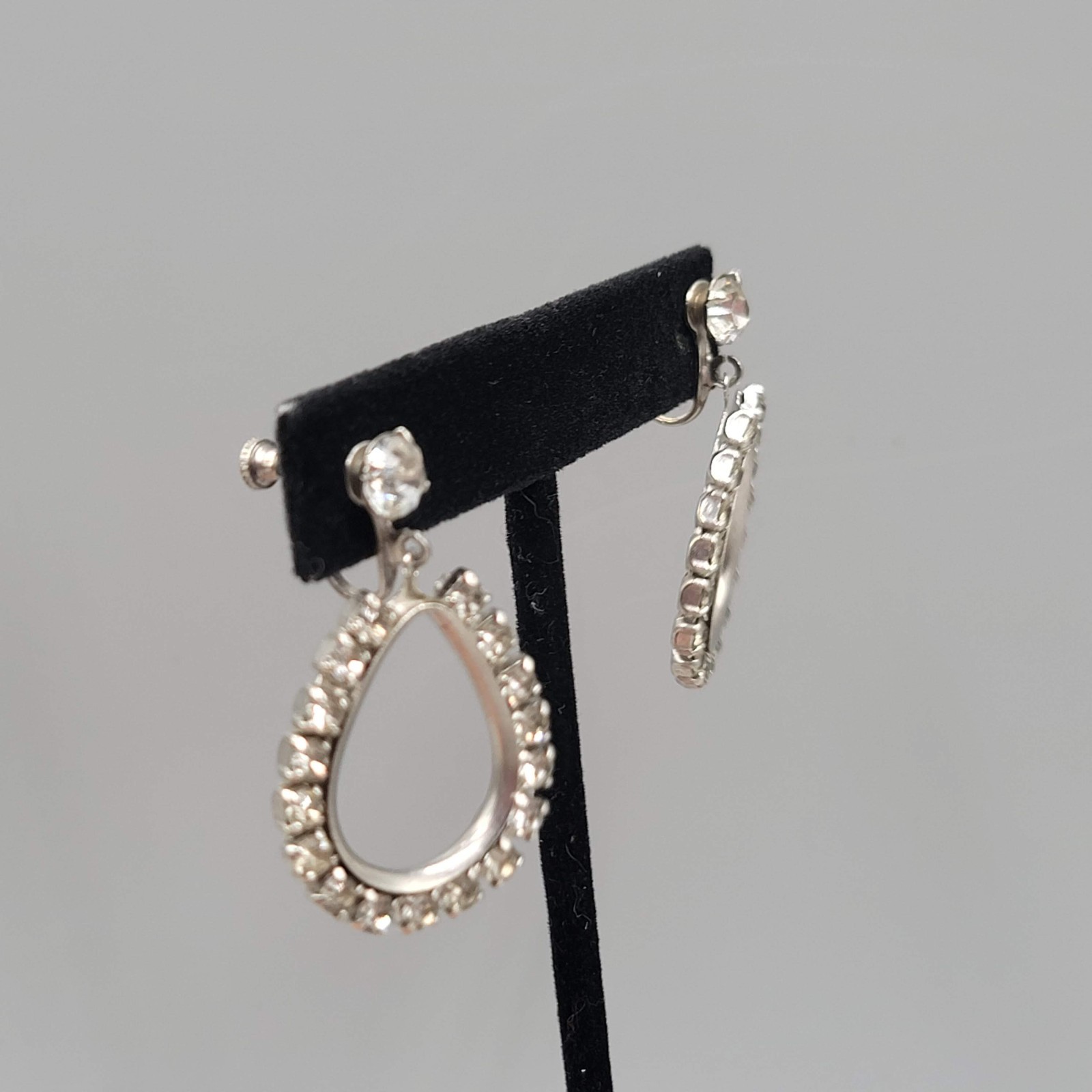 Vintage Open Dangle Clear Rhinestone Clip on Earrings Silver tone Screw Back 1.5
