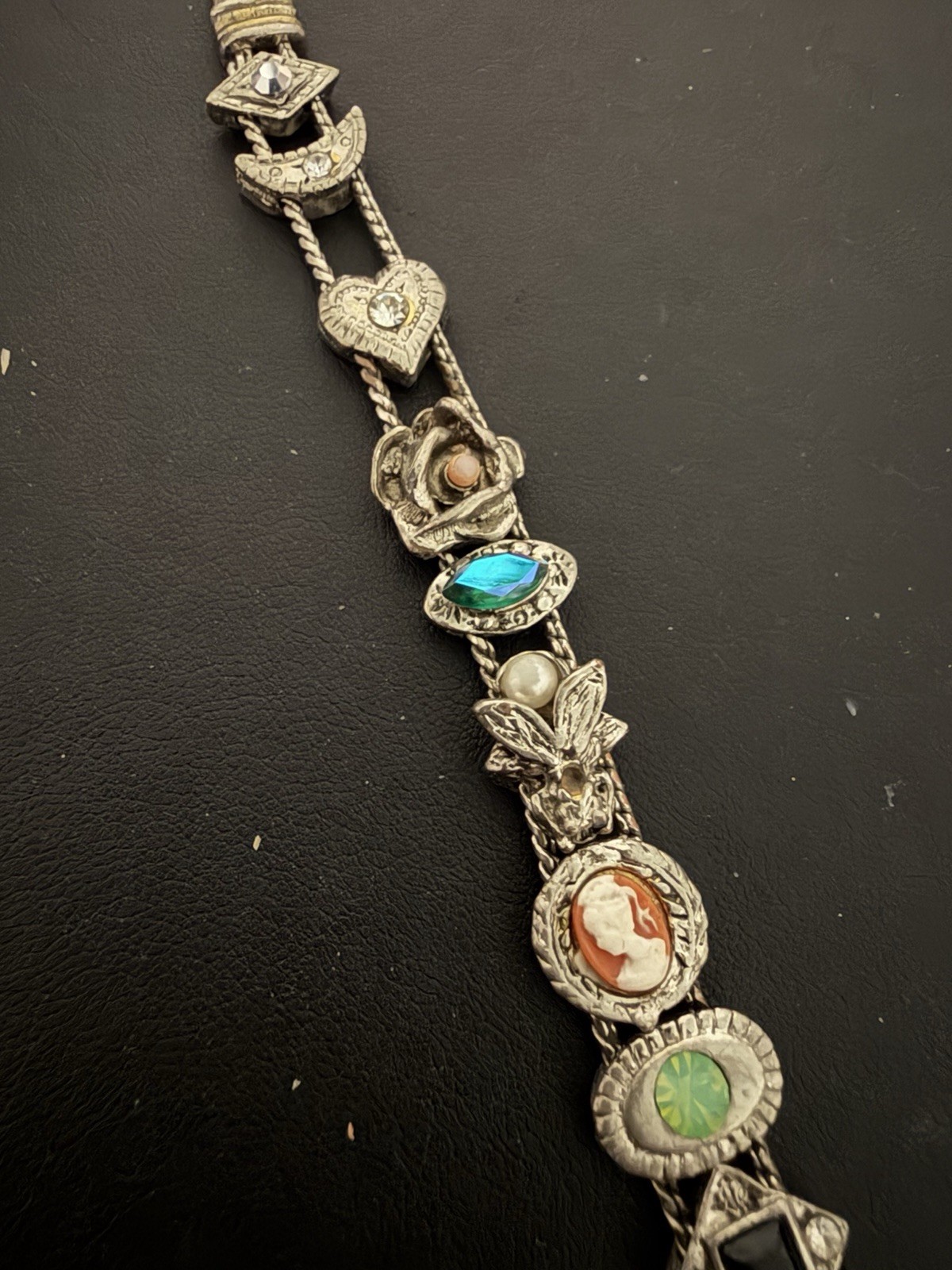 Unsigned Vintage Goldette Silver Tone Victorian Revival Slider Charm Bracelet 7”